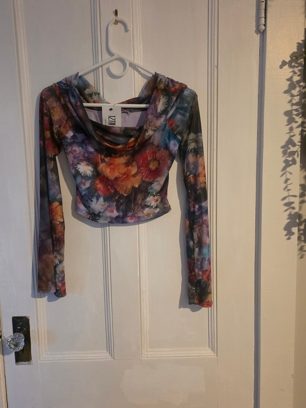 ​12TH TRIBE Floral Mesh Cowl Neck Crop Top – Long Flared Sleeve